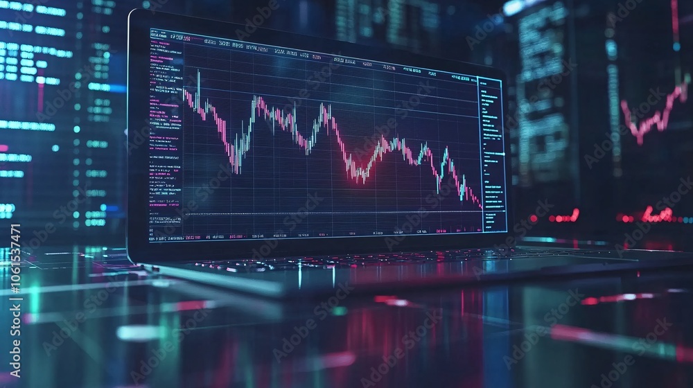Poster interactive investment platform on a laptop with market trends, asset diversification, and portfolio