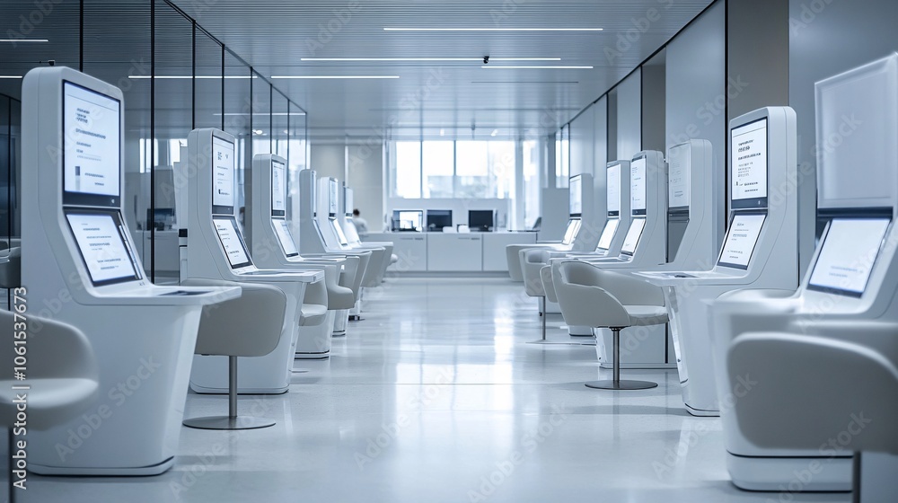 Poster Image of a futuristic bank branch without physical tellers, showcasing digital kiosks and automated financial services with empty space for text