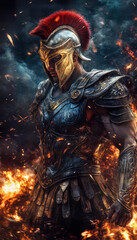 Fierce Armored Warrior with Flames and Smoke in Dark Fantasy Style