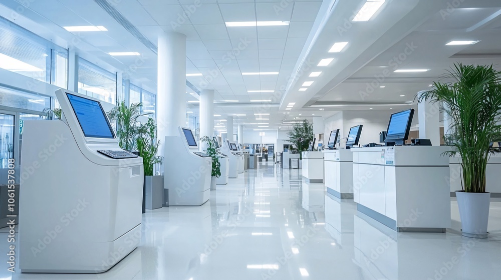Poster Image of a futuristic bank branch without physical tellers, showcasing digital kiosks and automated financial services with empty space for text