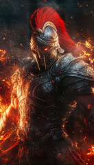 Fierce Armored Warrior with Flames and Smoke in Dark Fantasy Style