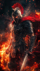 Fierce Armored Warrior with Flames and Smoke in Dark Fantasy Style