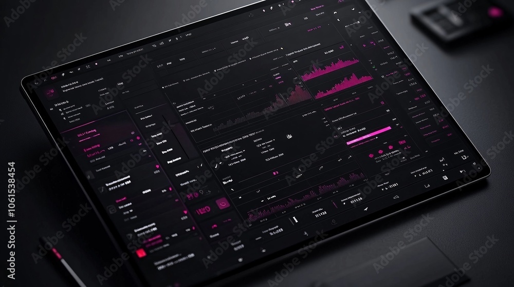 Poster Image of a tablet displaying various asset types and a balance sheet, focusing on fintech-driven portfolio management and financial insights with empty space for text