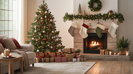 cozy indoor scene featuring a warmly lit Christmas tree with a variety of ornaments