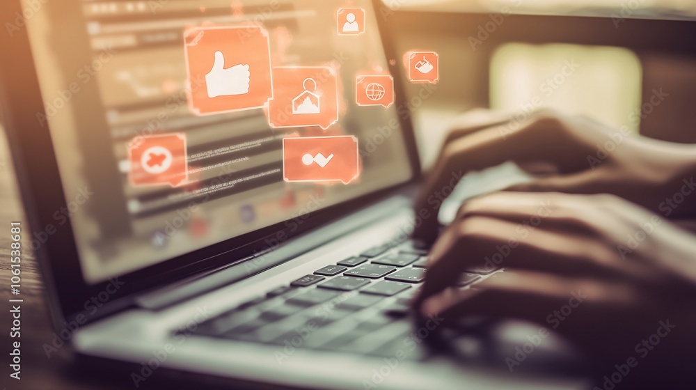 Poster digital marketing concept with a close-up of a laptop screen displaying analytics for social media e