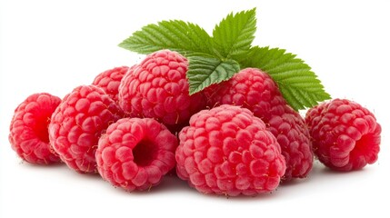 Fresh Red Raspberries with Green Leaves on White Background