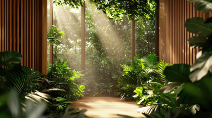Obraz premium A serene indoor space with sunlight streaming through windows, illuminating lush greenery and creating a tranquil atmosphere.