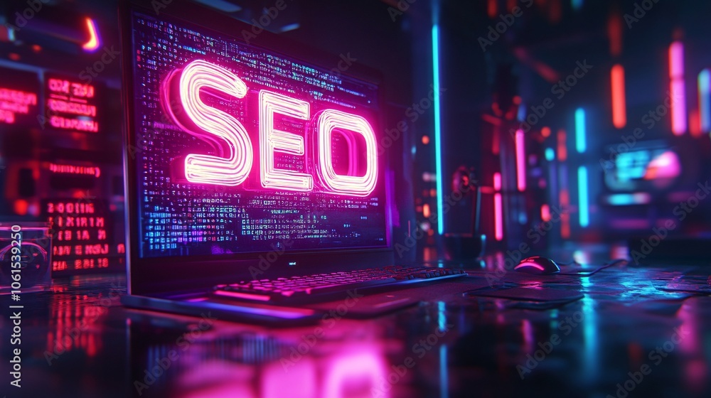 Poster SEO optimization concept with a computer screen showing keyword rankings, organic traffic, and search engine insights in a sleek digital marketing workspace with empty space for text