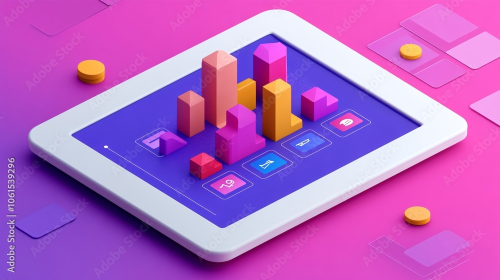 Poster graphic of pay-per-click campaign metrics on a tablet screen, focusing on impressions, clicks, and a