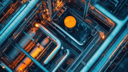Industrial pipes and tanks creating complex network in refinery plant.