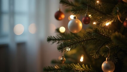 decorated Christmas tree on the side on a blurred background with a side view, close-up, copyspace.