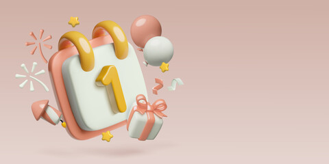 January 1st day of the year 3d calendar background with gift box, fireworks and confetti. New Year, party or birthday celebration reminder.