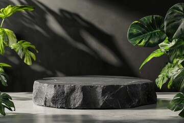Luxe Black Stone Podium for Product Showcase with Natural Rock Elements