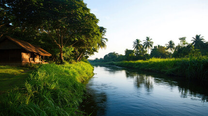 Obraz premium A serene river scene with lush greenery and a rustic hut, reflecting a peaceful natural environment under soft sunlight.