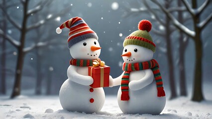 Two snowman wearing hat and scarf, give a gift in blurred  snowy with falling snowflakes background. Winter holiday festive, happy Christmas and new year concept