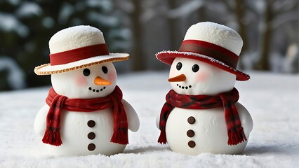Two snowman wearing top hat and red scarf, standing on white snowy landscape, with blurred background. Winter holiday festive, happy Christmas and new year concept