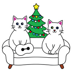 Two adorable white cats- with bright green eyes Adobe Illustrator Artwork