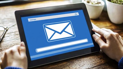 Marketer creating email campaigns on a tablet, with options to choose templates, add personalizations, and preview for optimized customer engagement with empty space for text