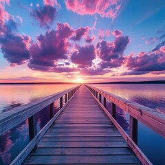 Fototapeta premium Beautiful sunset over tranquil lake from wooden pier at dusk