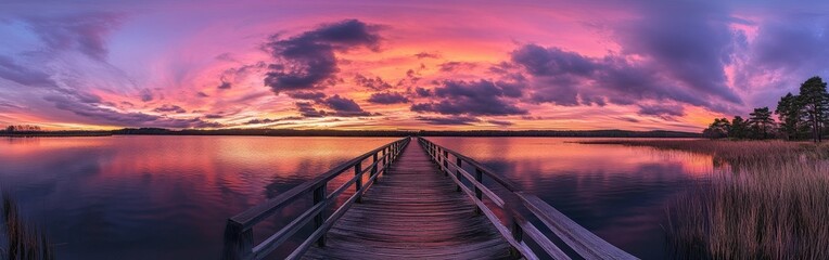 Vibrant sunset over calm lake viewed from a wooden pier at dusk