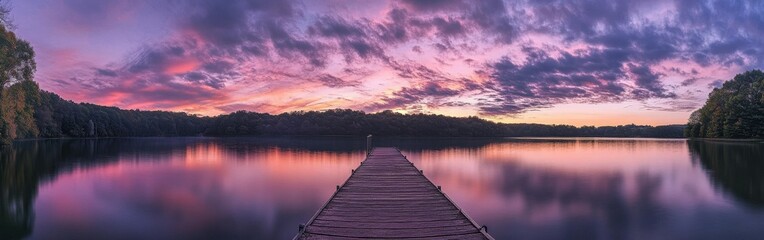 Fototapeta premium Sunset over tranquil lake with wooden pier surrounded by trees