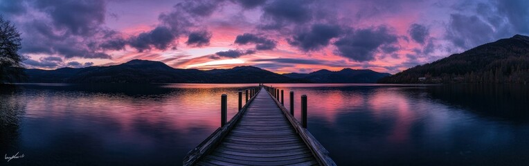 Fototapeta premium Sunset reflections over calm lake with dock surrounded by mountains