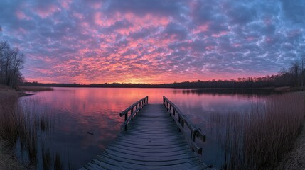 Obraz premium Colorful sunset reflecting on still lake with wooden dock at dusk