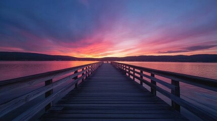 Obraz premium A serene sunset over a tranquil lake viewed from a wooden pier