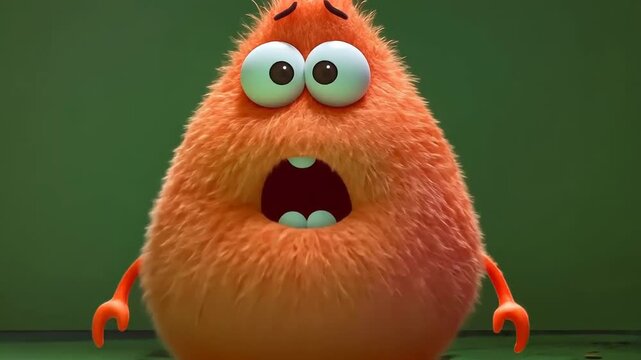 Cute furry orange monster cartoon on green background