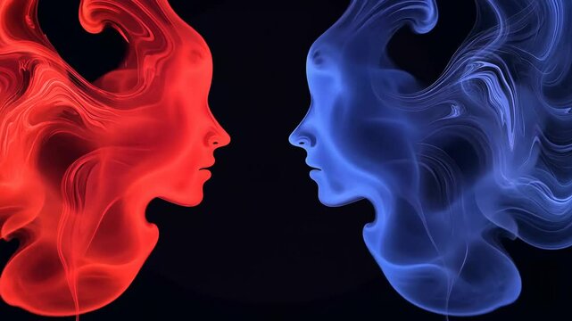 Silhouette illusion with red blue smoke forming faces