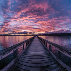 Obraz premium Sunset over calm waters at a wooden pier in the evening sky