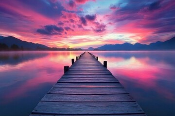 Beautiful sunset over a tranquil lake with a wooden pier in the foreground
