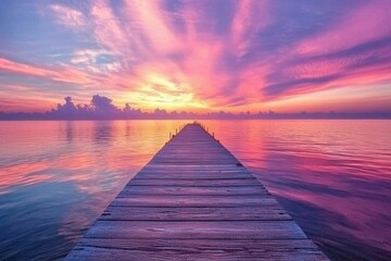 Obraz premium Scenic sunset over tranquil waters from a wooden pier at dusk