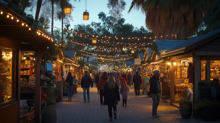 Obraz premium A community holiday market at dusk, with local vendors selling handmade gifts