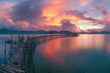 Beautiful sunset over a wooden pier on calm waters in a tropical location