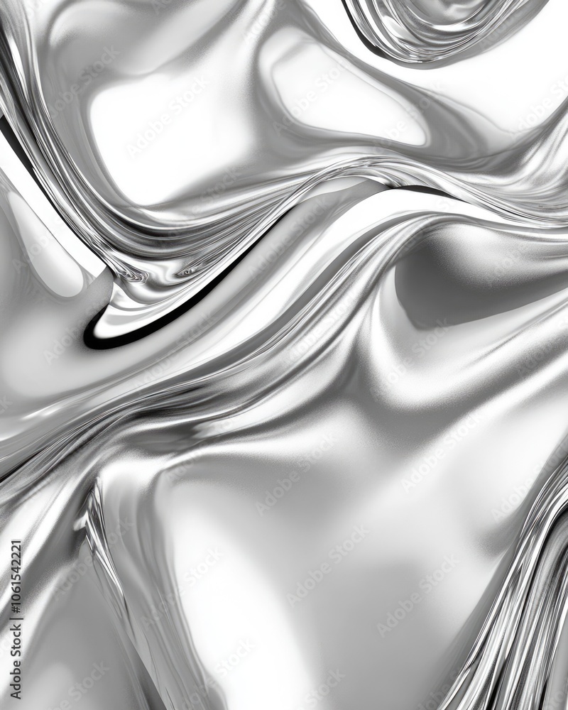 Poster abstract chrome waves. shiny metal texture with reflective patterns and flowing swirls
