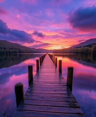 Fototapeta premium Stunning sunset over calm lake with a wooden pier in serene landscape