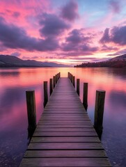 Fototapeta premium Beautiful sunset reflecting on calm lake with pier and colorful sky