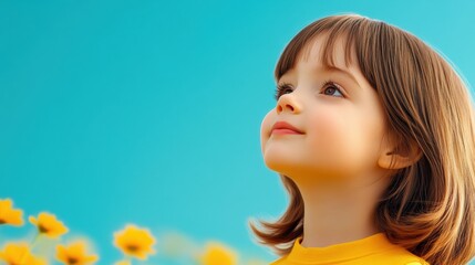 Fototapeta premium Young girl gazing at the sky with a hopeful expression, surrounded by yellow flowers, AI