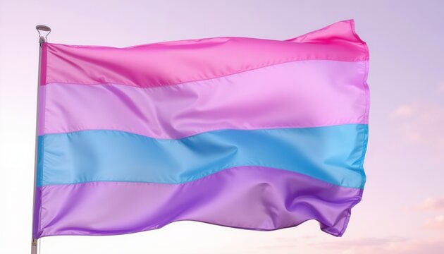 Waving genderqueer pride flag against soft sky. Bi pride colors. Bisexual pride week. Bi pride parade. Bi pride colors. 