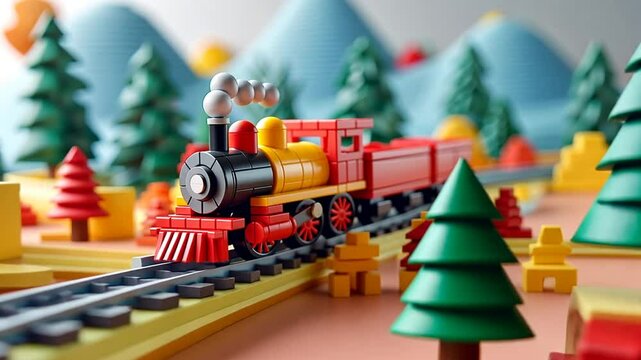 A vibrant toy train moves along its track, surrounded by various colorful trees and stylized mountains, creating a playful and imaginative environment for children