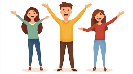 Fototapeta premium Happy three friends men and women isolated on white background
