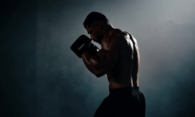 A Vertical Video Portrait Of A Hispanic Bodybuilder In An MMA Gym. Shot In A Crossfit Boxing Gym With Low Key Lighting And A Scattering Of Haze. Captured On Red Digital Cinema Camera - Powered by Adobe
