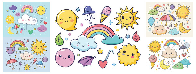Cute Weather and Nature Icons Collection with Kawaii Style Elements