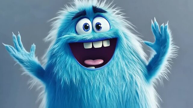 joyful blue furry monster character greeting with open arms
