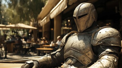 A unique scene featuring a medieval knight clad in full armor, sitting at an outdoor table in a modern café setting.