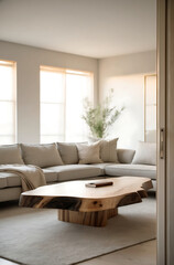 Fototapeta premium Live edge coffee table near corner sofa. Japandi interior design of modern living room, home