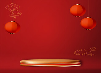3D round podium in showcase with Chinese lanterns and clouds. Circle podium with Asian design elements. Lunar new year offer