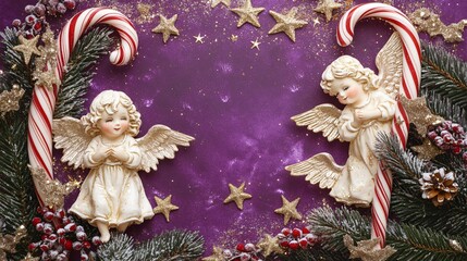 Tiny angels and candy canes as a festive frame, isolated on a rich purple background with shimmering stars
