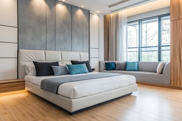 Luxurious Bedroom with Plush Bedding, Spacious Seating Area, and Modern Decor